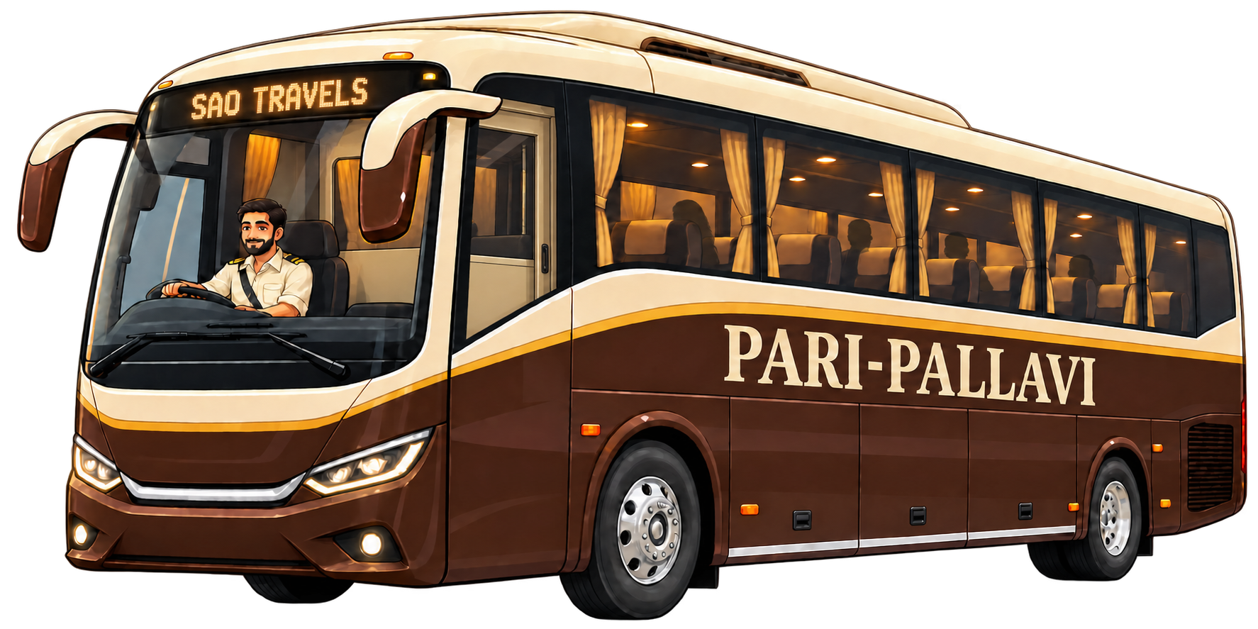 Pari Pallavi coach illustration in SAO TRAVELS cream, brown and gold livery